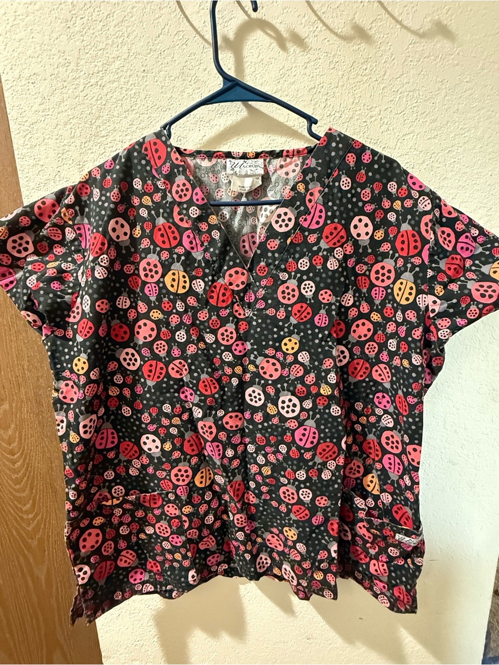 UA Scrubs Black Ladybug Print Scrub Top with Pink & Red Accents